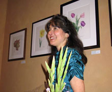 Artist Reception: Victoria with her pieces: “Sycamore Leaf,” “Double Daffodil” and “Tulips”